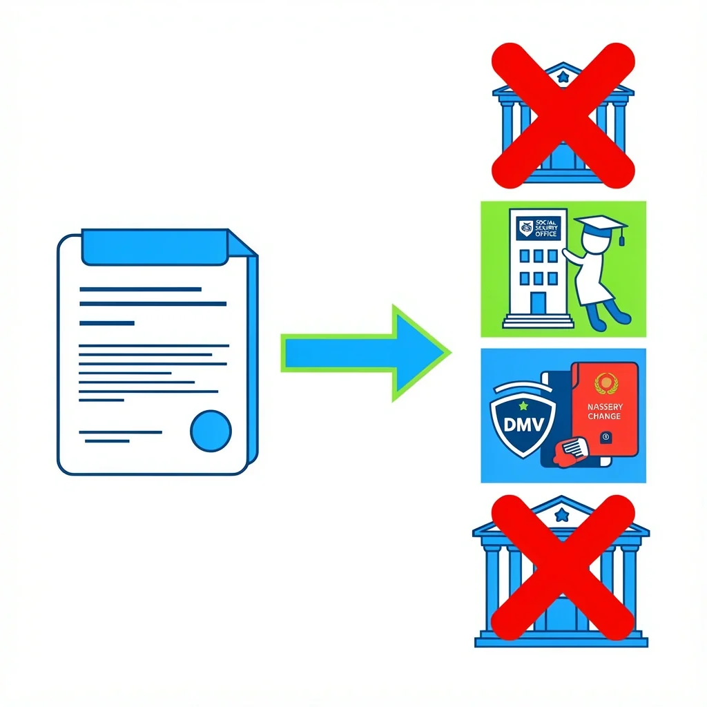 Name Change Process After Marriage Flowchart showing that marriage certificate leads to Social Security, DMV, passport, and bank for name change, not courthouse
