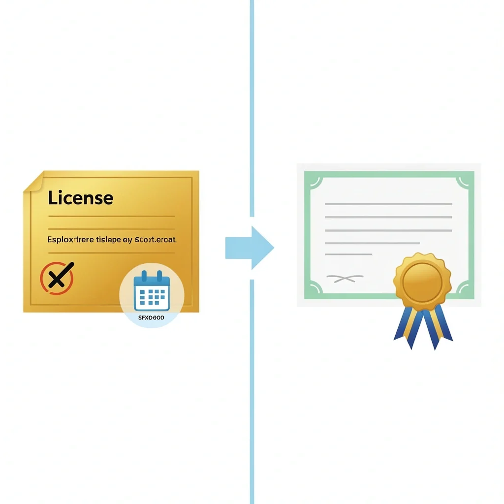 License vs Certificate Comparison Visual comparison of marriage license as permit and marriage certificate as permanent record
