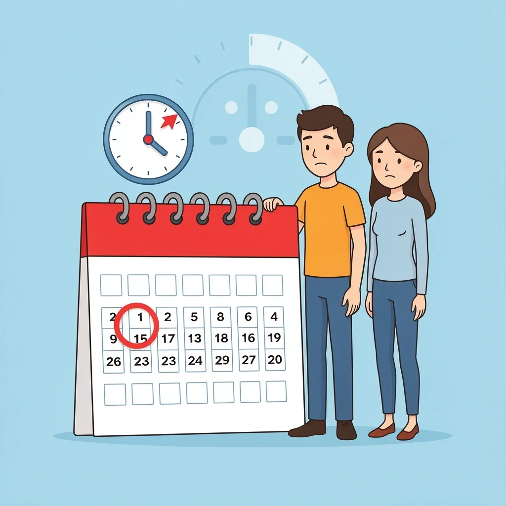 Marriage License Waiting Period Couple looking at calendar with waiting period icon indicating days between application and validity