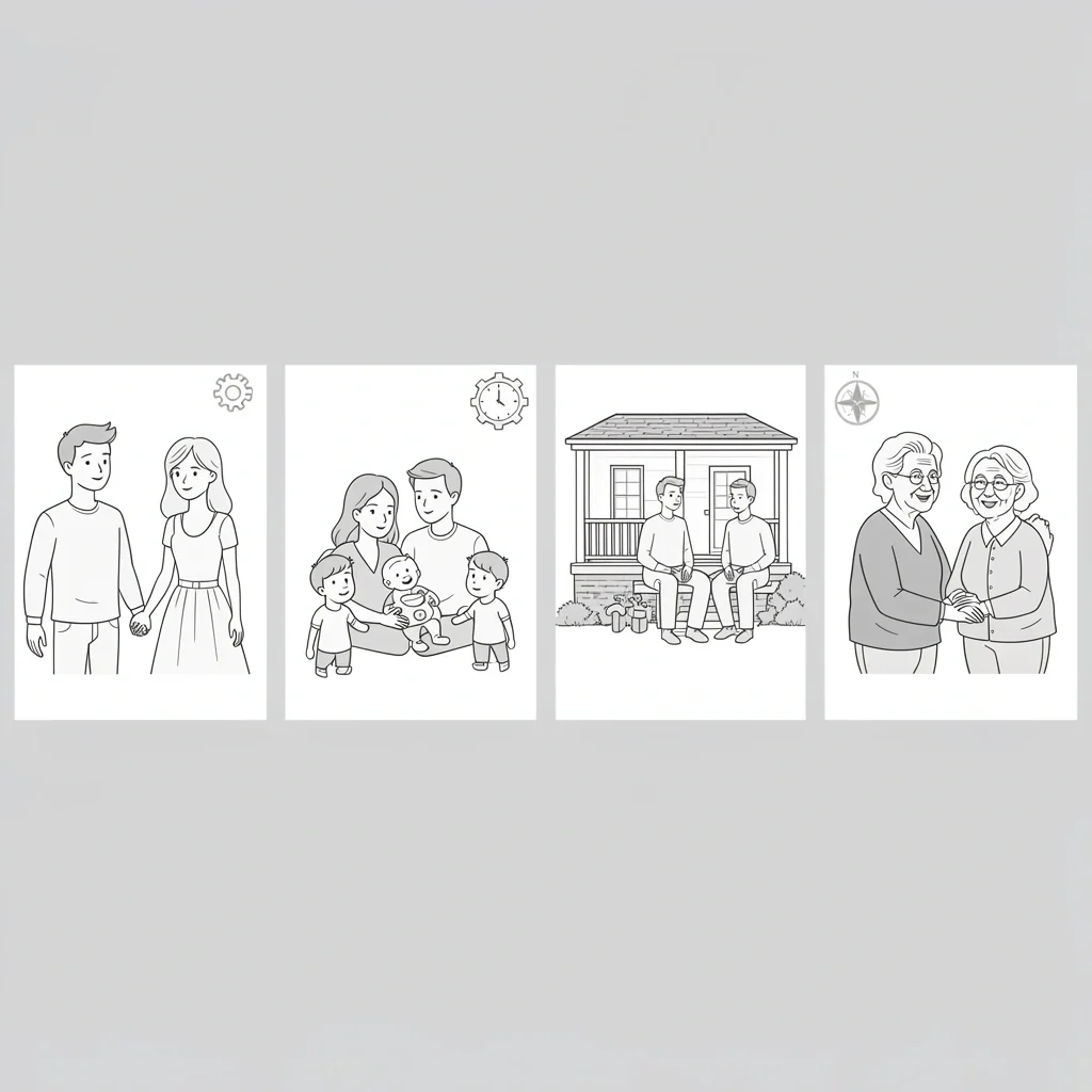 Marriage Stages and Changing Boundary Needs A timeline showing four marriage stages from early marriage to long-term marriage, each with a symbol representing changing boundary needs.