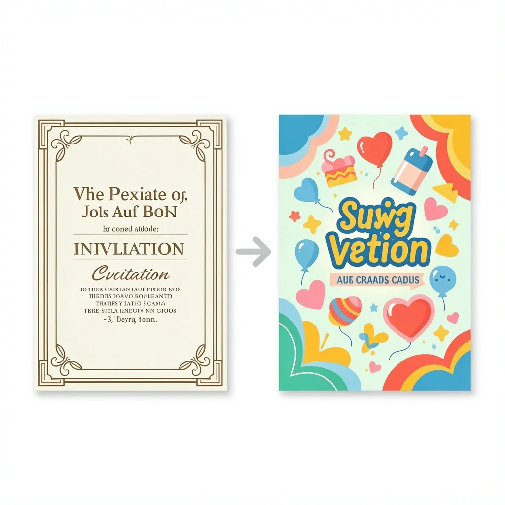 Invitation Design Comparison Two invitation cards side by side, one formal and one casual, with an arrow between them