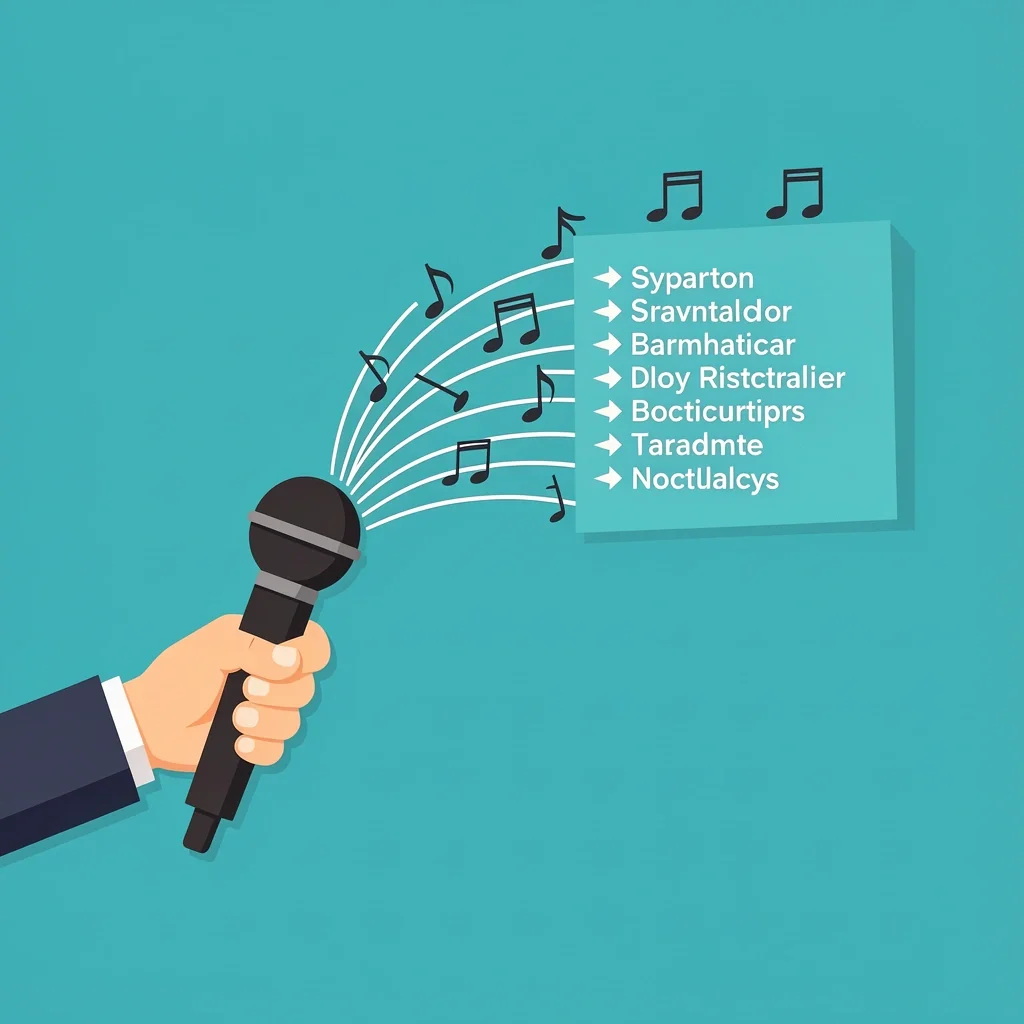 MC Script Card Hand holding microphone with a script card and musical notes representing MC script writing
