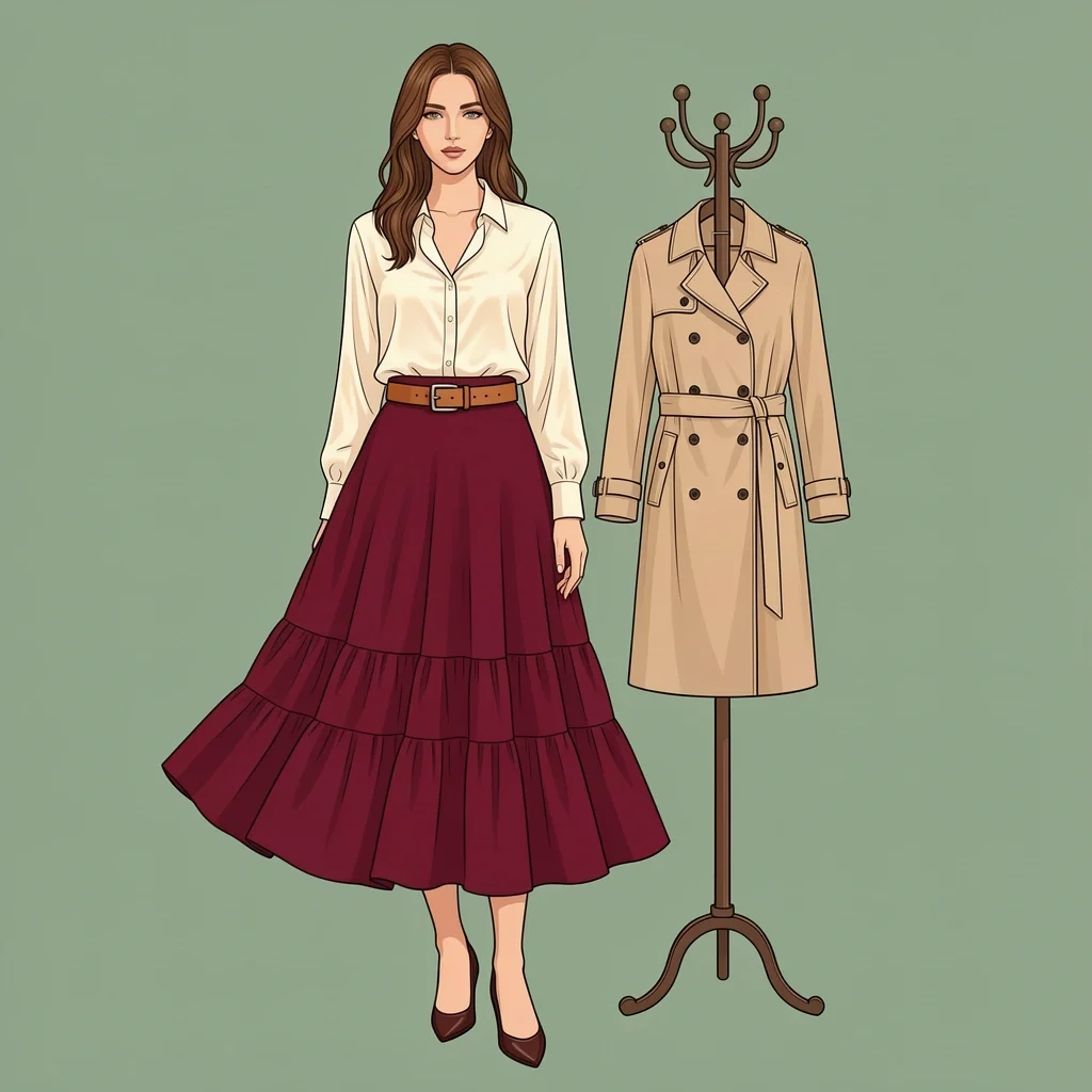 Midi Skirt Blouse Courthouse Guest Burgundy midi skirt and cream silk blouse with trench coat for semi-formal courthouse wedding guest