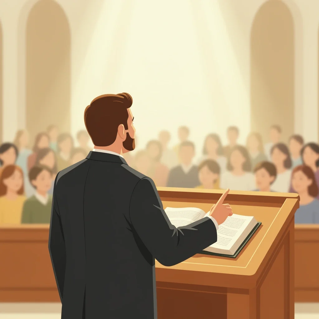 Minister as Servant Pointing to Christ A minister at a podium pointing upward to symbolize pointing to Christ, congregation blurred behind, representing humility and dependence