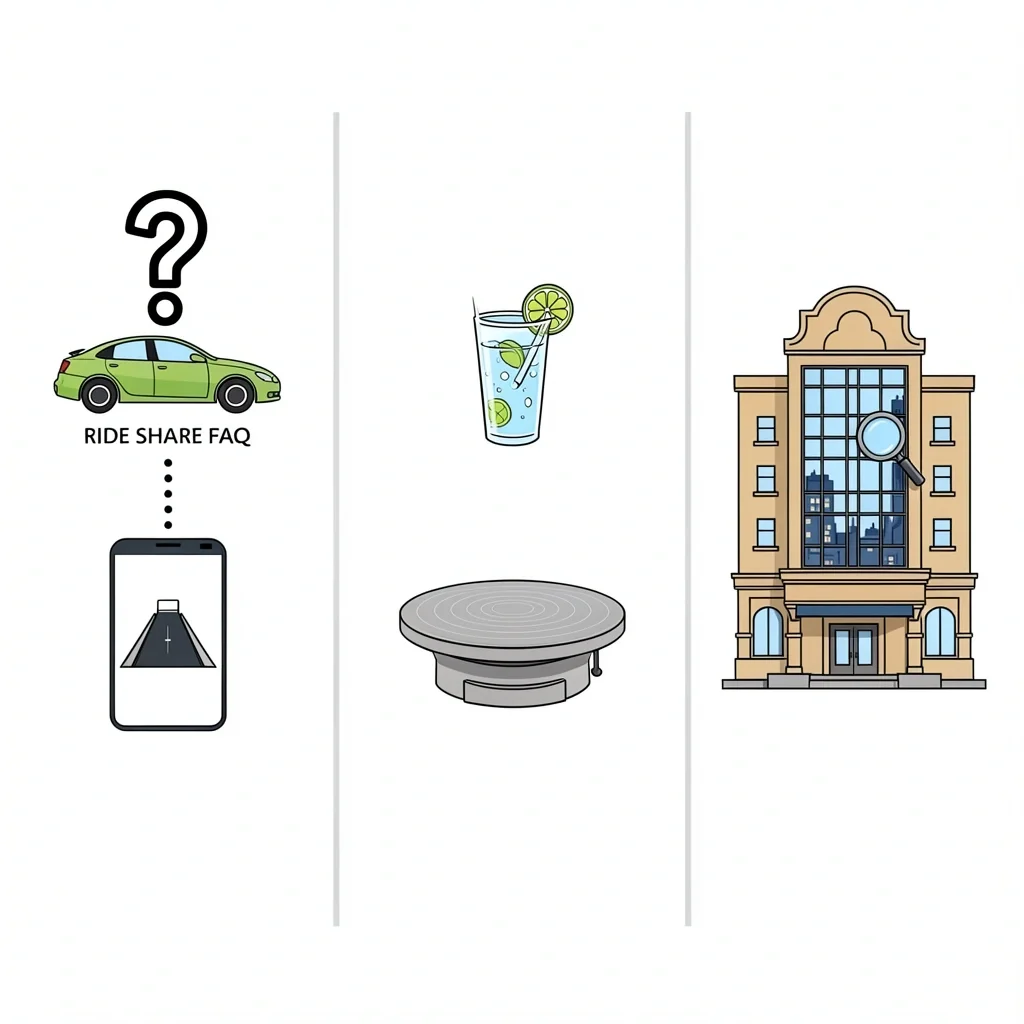 Minneapolis Date Night FAQ FAQ icons for driving vs ride-share, non-alcoholic date ideas, and Guthrie Theater free explore
