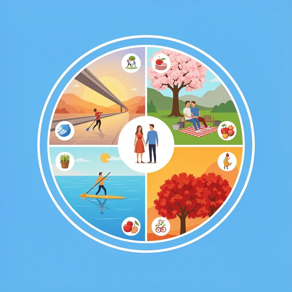 Seasonal Date Night Ideas Seasonal date wheel showing winter skyway skating, spring patio date, summer paddleboarding, and fall apple picking