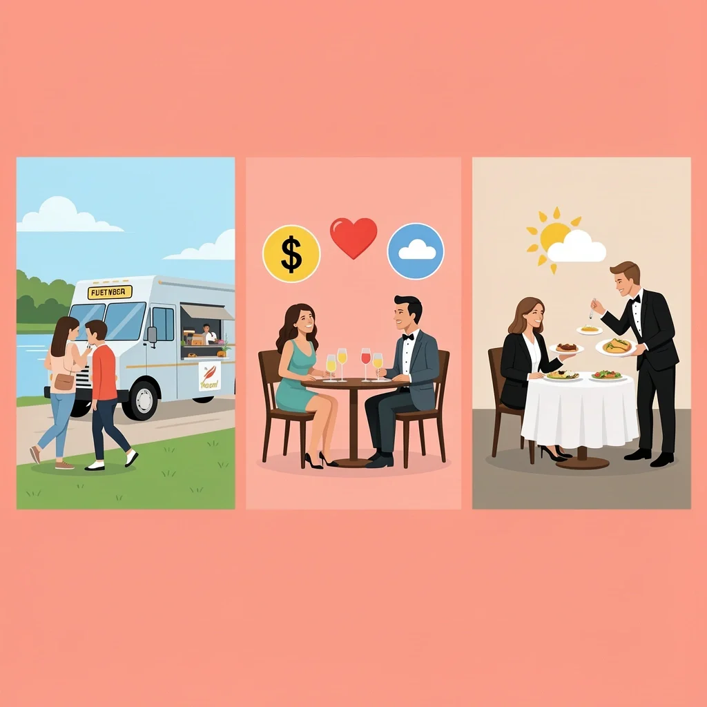 Choose Your Minneapolis Date Vibe Three date night scenarios showing budget-friendly, mid-range, and splurge dates with filter icons