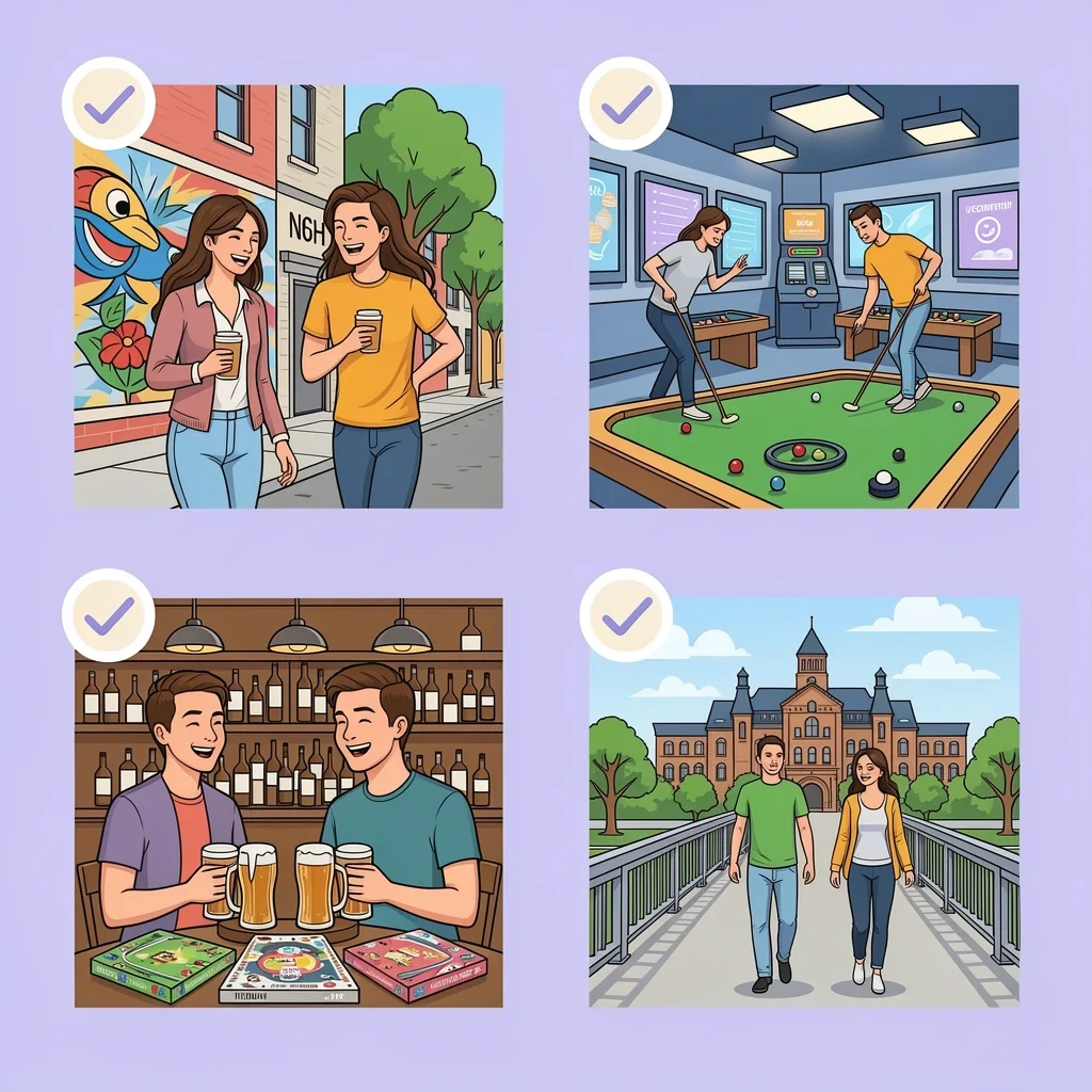 Best First Date Ideas in Minneapolis Four first date ideas in Minneapolis: coffee walk, arcade mini golf, brewery flight, Stone Arch Bridge walk
