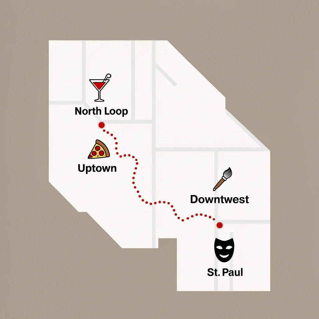 Best Minneapolis Date Neighborhoods Map of Minneapolis neighborhoods with date night icons for North Loop, Uptown, Northeast, and Downtown St. Paul