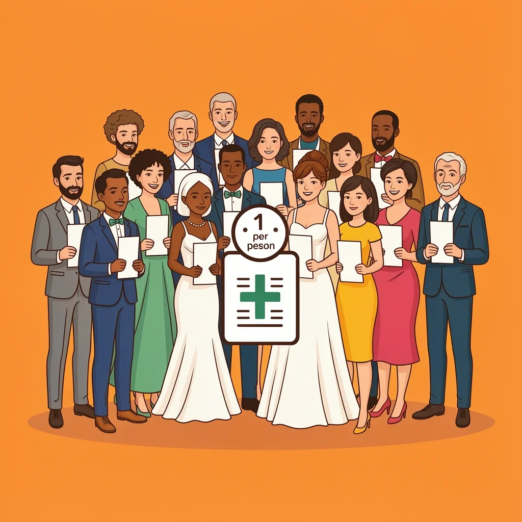 Modern Wedding Demographics Program Planning Diverse wedding guests including same-sex couples, single guests, and children each holding their own program.