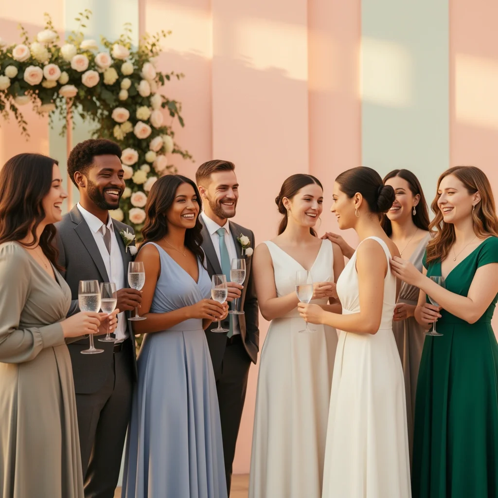 Joyful wedding guests socializing at a modern sunlit venue