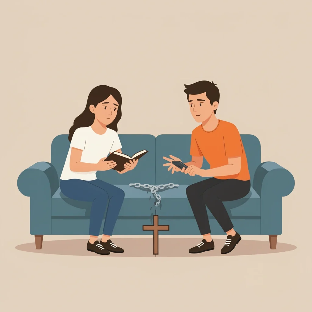 Common Devotional Mistake Broken Habit Couple on couch with broken devotional habit and one partner distracted by phone