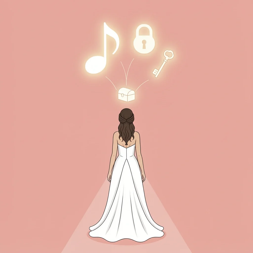 Music Anchors Wedding Memory A bride walking down the aisle with a music note turning into a lock and key, illustrating how wedding music anchors memory.
