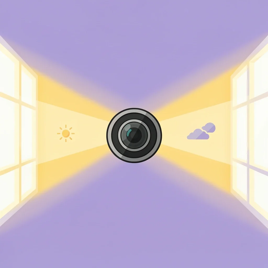 Natural Light Photography Illustration Camera lens with natural light beams from windows representing good hotel photography lighting
