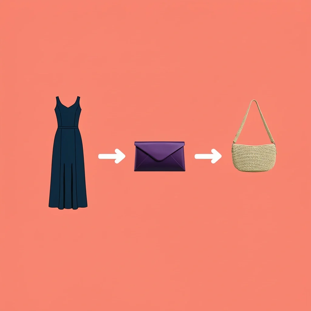 Navy Dress Bag Options Vector illustration showing three bag styles for different wedding formality levels with a navy dress.