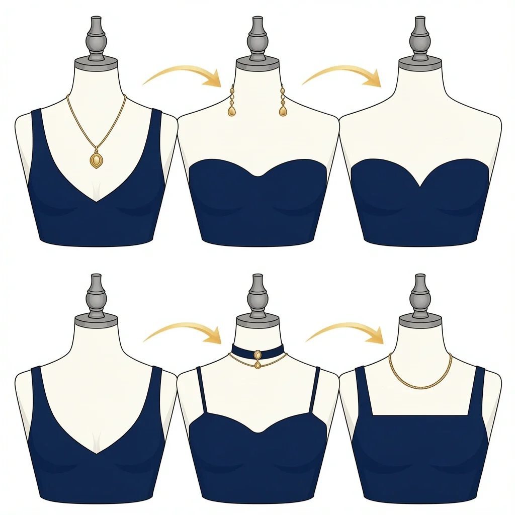 Navy Dress Neckline Jewelry Illustration of four neckline styles with recommended jewelry for a navy dress.