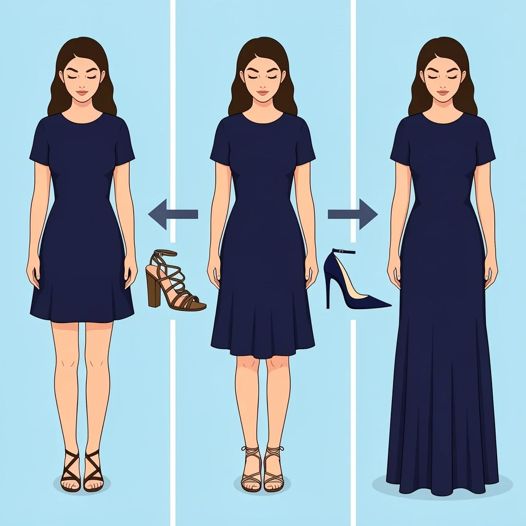 Navy Dress Shoe Silhouettes Vector illustration showing recommended shoe silhouettes for mini, midi, and maxi navy dresses.
