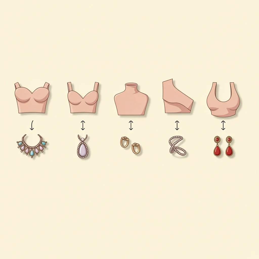 Neckline and Jewelry Pairing Chart Five dress necklines with matching jewelry pieces: strapless with necklace, V-neck with pendant, high neck with earrings, one-shoulder with cuff, halter with drop earrings