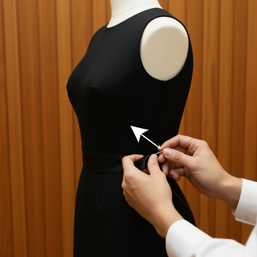 Nordstrom Alterations Tux Superpower Tailor's hands sewing the waist of a black tuxedo jacket on a mannequin, with a before and after silhouette arrow.