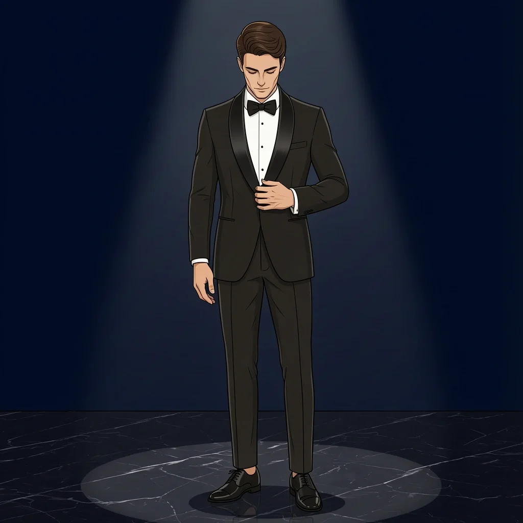 Nordstrom Black Tie Groom Tux Groom in black shawl lapel tuxedo from St. Laurent standing on dark marble floor with spotlight and bow tie.