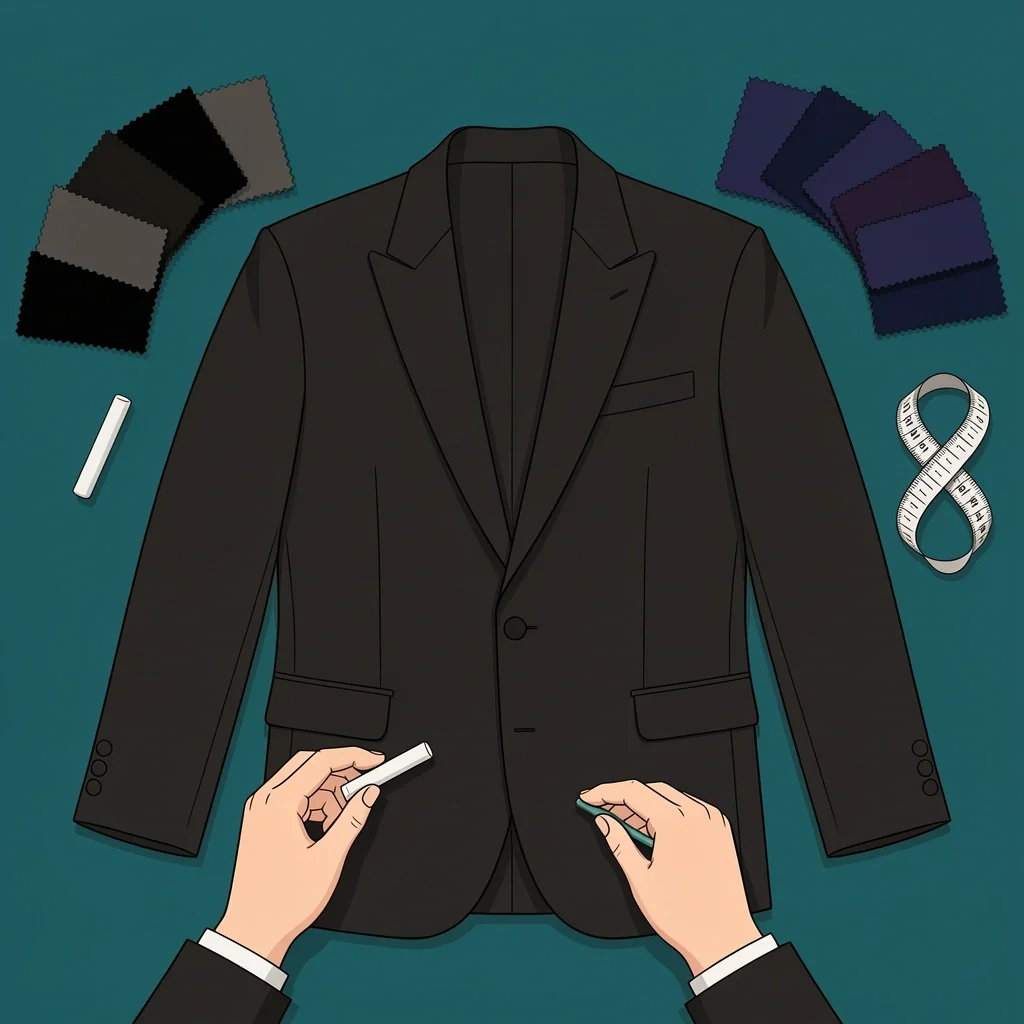 Nordstrom Made to Measure Tux Overhead view of a tailor's workspace with an unfinished black tux jacket, fabric swatches, measuring tape, and chalk.