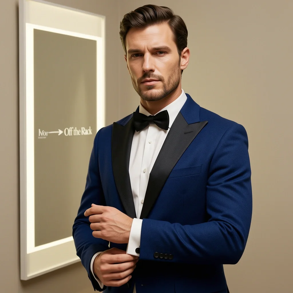 Off the Rack Tux Nordstrom Sweet Spot Man in Hugo Boss blue wool tuxedo jacket adjusting cuff in a Nordstrom dressing room mirror.