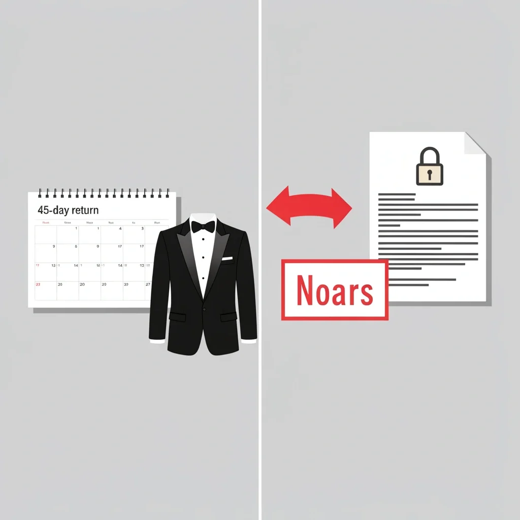 Nordstrom Return vs Rental Trap Split composition with a return calendar and tux jacket on left, locked rental contract with no returns icon on right.
