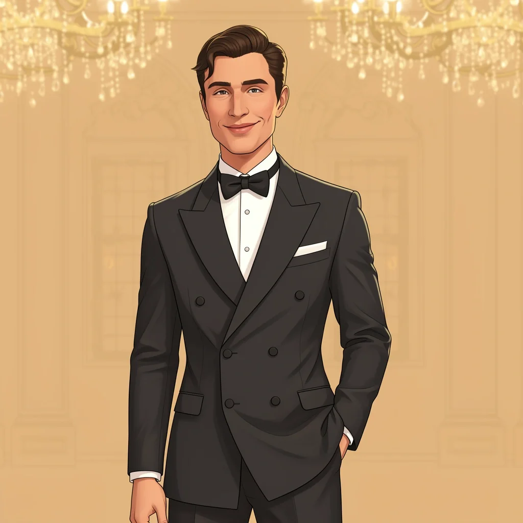 Nordstrom Timeless Groom Tux Groom in charcoal notch lapel Hugo Boss tuxedo in a ballroom with chandeliers, smiling and unbuttoned.