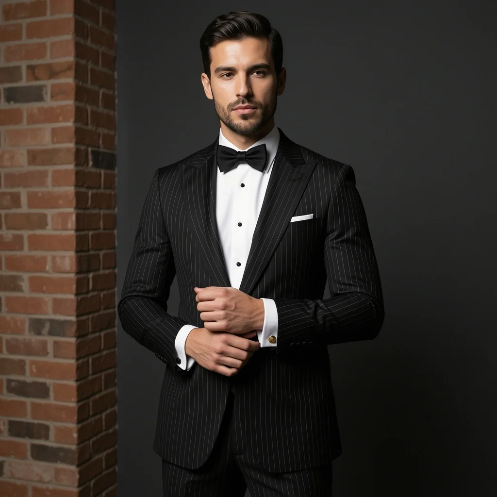 Nordstrom Trend Setting Groom Tux Groom in slim black pinstripe tuxedo from Sartoria Carrara in a modern loft, adjusting cuff with gold cufflink.