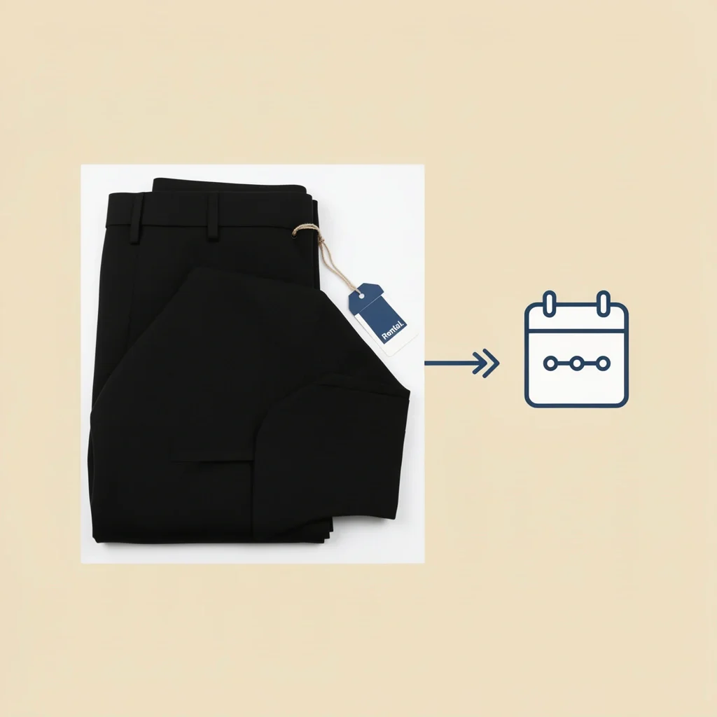 Nordstrom Tux Rental Path Flat-lay of folded black tux jacket and pants with rental tag and calendar icon showing short timeline.