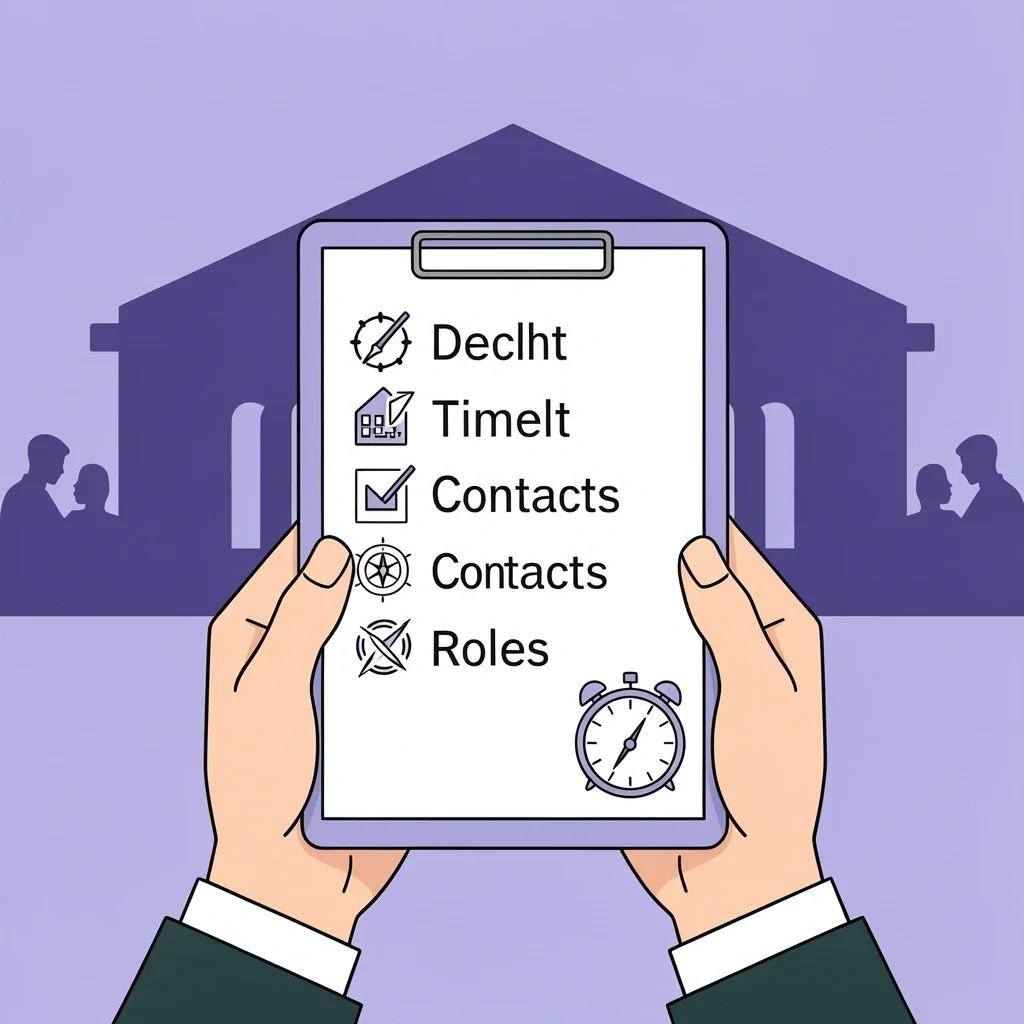 One-page wedding weekend communication plan Wedding party member holding a one-page document with timeline, contacts, and roles checklist