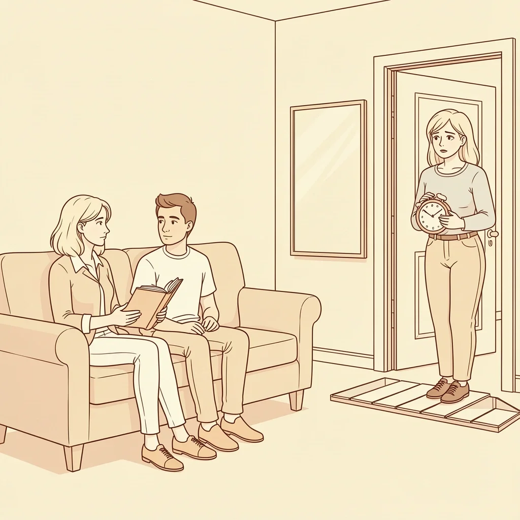 One partner continues therapy alone while the other hesitates at the door