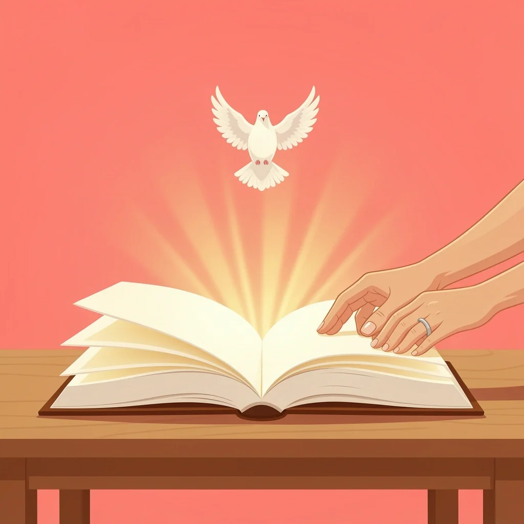 Wedding Day Devotional Components An open devotional book on a table with two hands touching its pages, symbolizing a couple's shared prayer before marriage