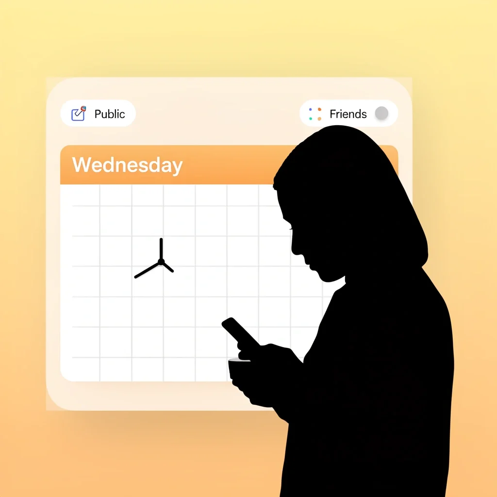 A calendar highlighting Wednesday with a clock at 7 PM, a person with coffee scrolling a phone, and privacy toggle icons