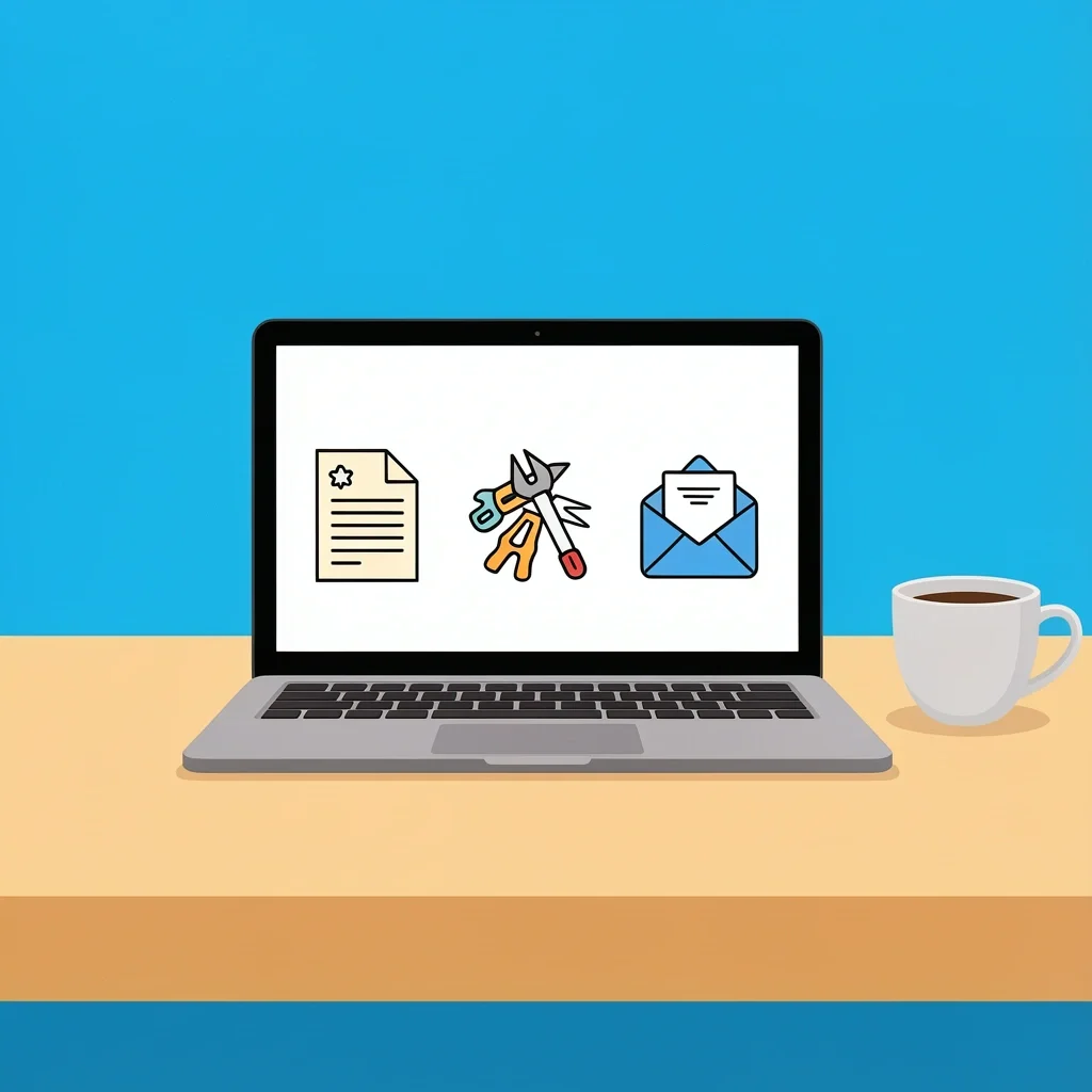 Invitation Creation Options Laptop with three icons: printed card, DIY craft, digital envelope, coffee cup on desk