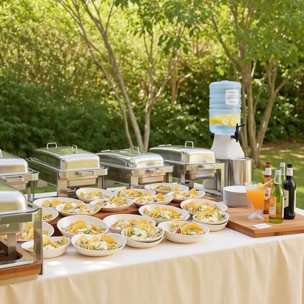 Outdoor Wedding Food and Drink Setup Outdoor wedding buffet with chafing dishes, taco bar, and drink station with water, cocktail, and wine