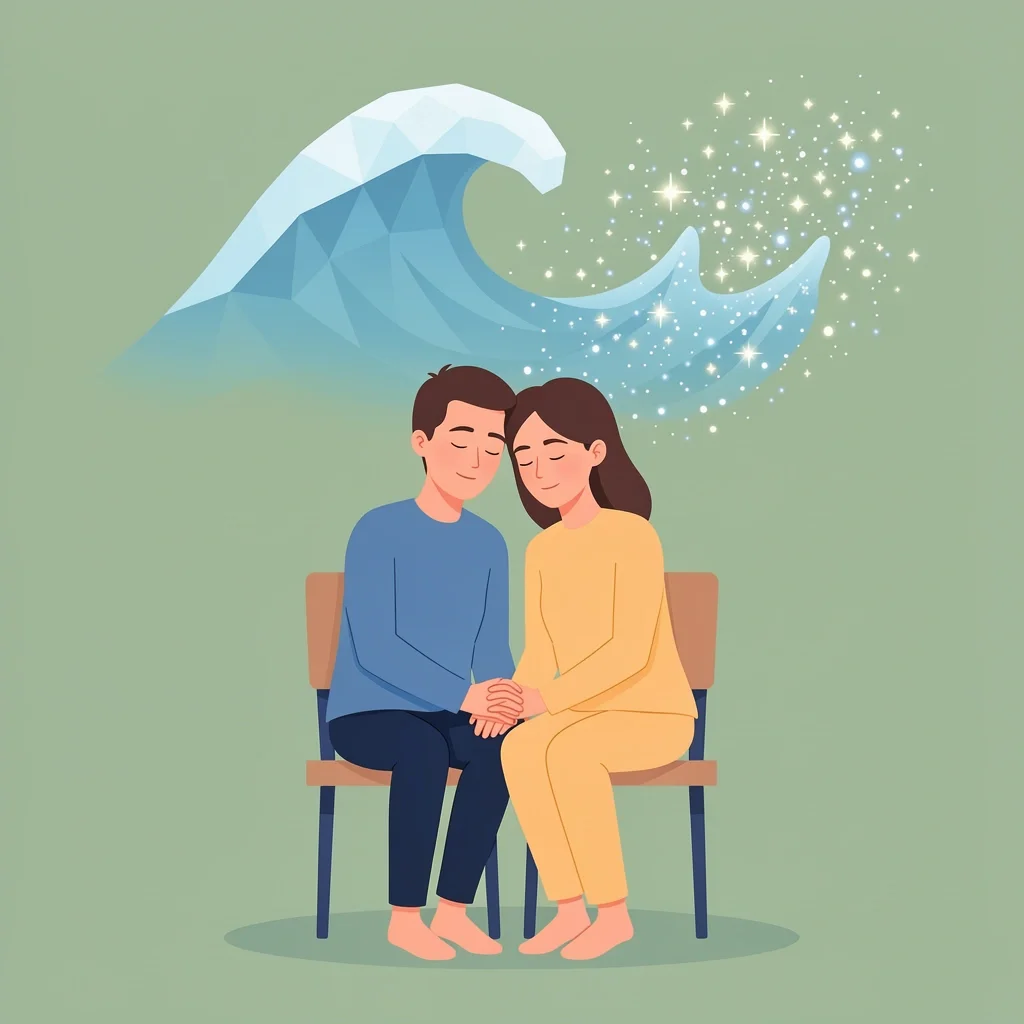 Overcoming Wedding Day Anxiety A couple holding hands in a chair while a geometric wave of anxiety dissolves into sparkles above them