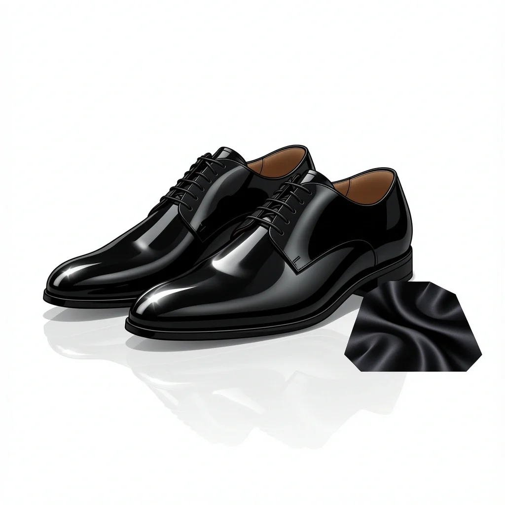 Patent Leather Oxford Shoes A pair of shiny black patent leather oxford shoes on a white background with a satin fabric sample beside them.