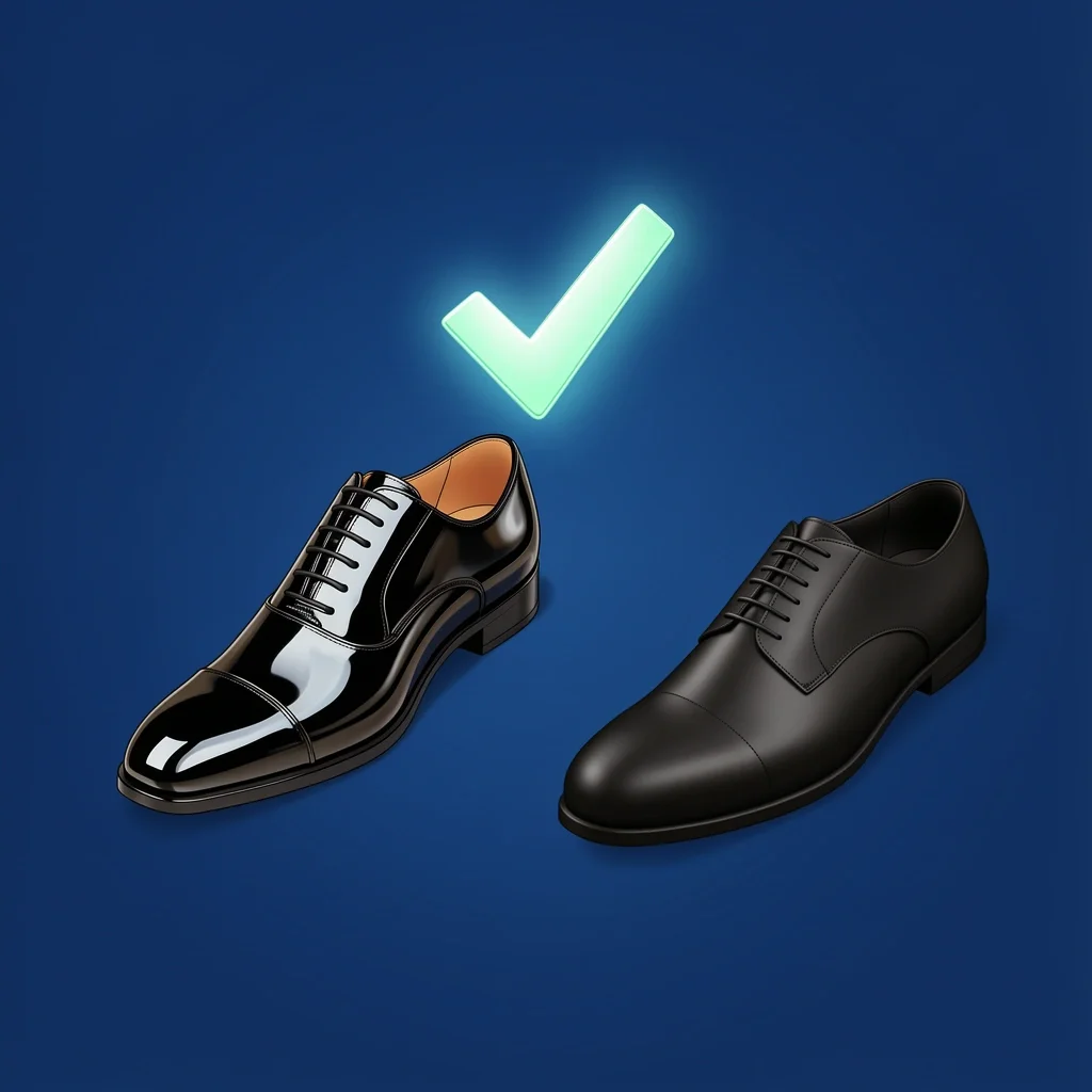 Black Tuxedo Shoe Options Illustration of two dress shoes: shiny patent leather oxford and matte black oxford, with a checkmark on the patent leather shoe.