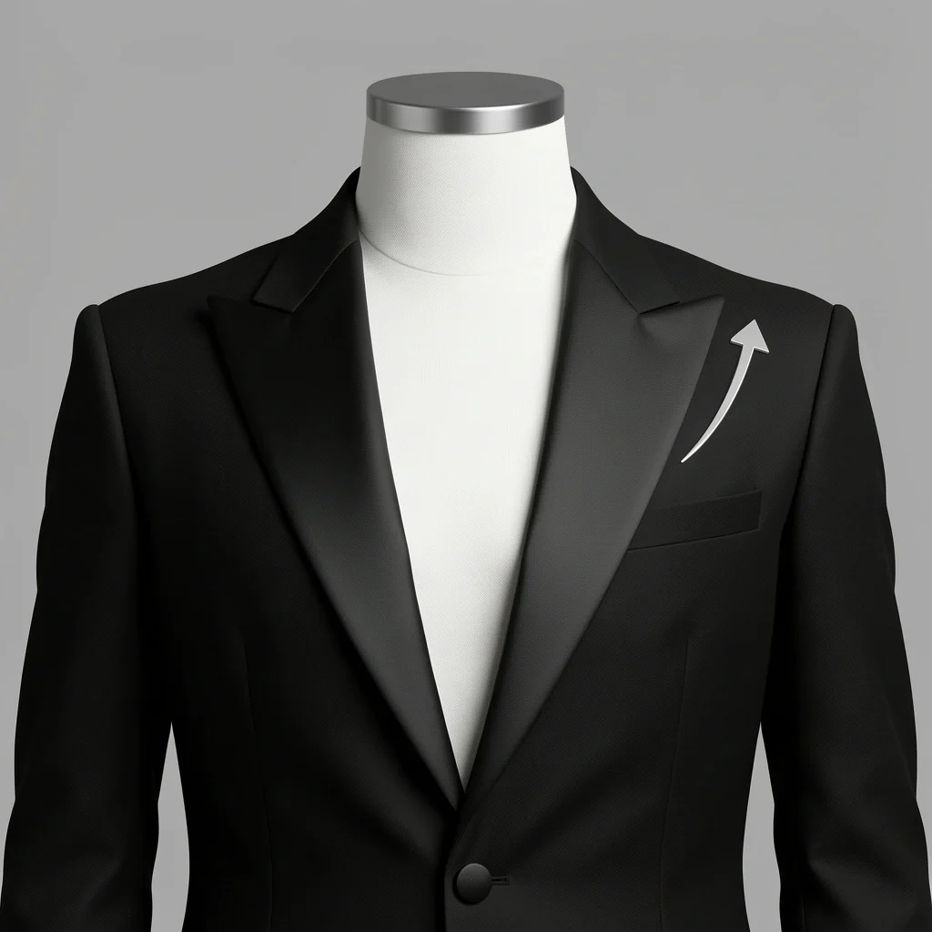 Peak Lapels and Single Button Detail Close-up of a black tuxedo jacket with peak lapels pointing upward and a single button closure on a gray background.