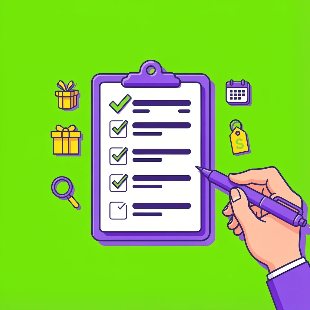 Pro Tips for a Perfect Wedding Registry Hand holding a pen pointing to a checklist with registry icons like gift box and calendar