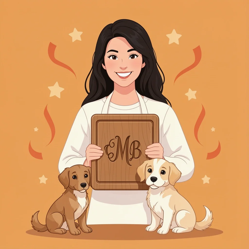 Personalized Gift Favorites on Etsy A person holding a custom engraved wooden cutting board with a monogram, a small dog beside them