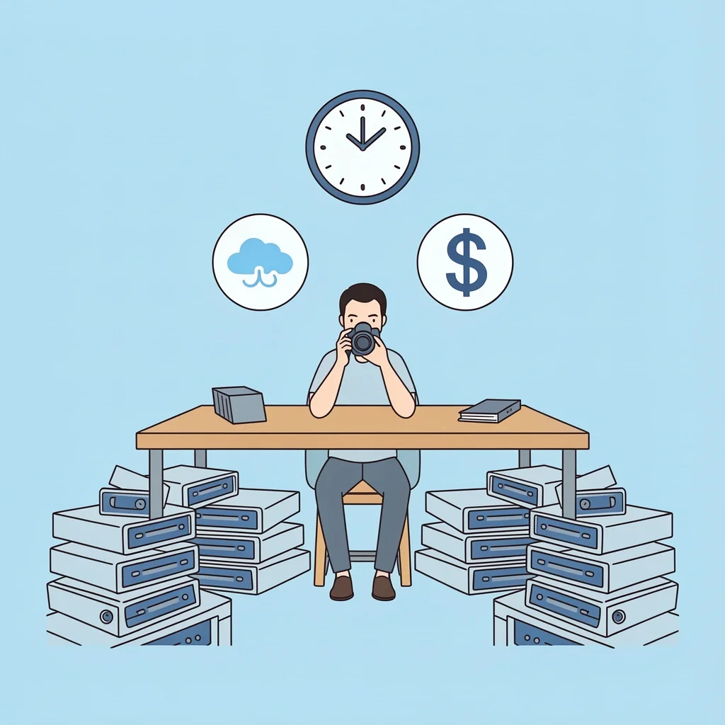 Photographer at desk with hard drives and cloud icon showing storage expenses