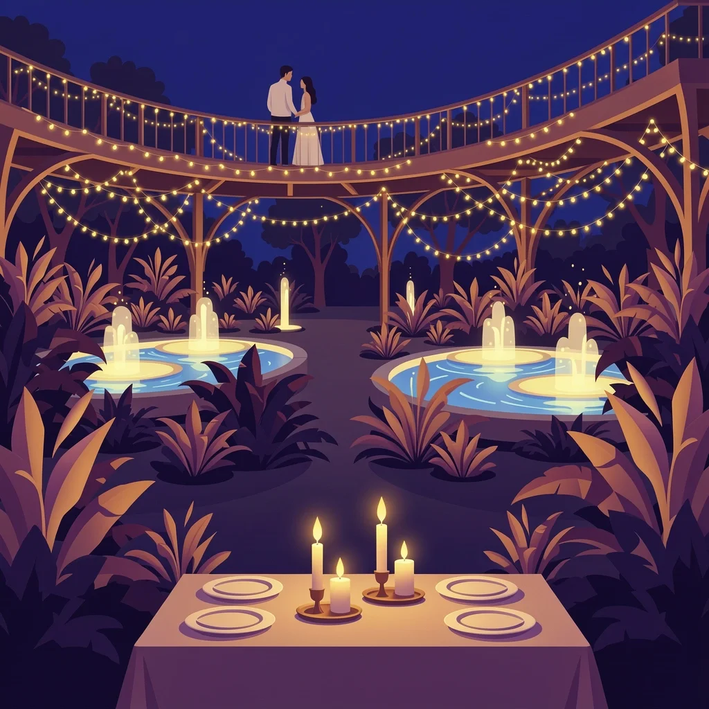 Planned Weekend Date at Atlanta Botanical Garden Couple at a candlelit table overlooking the illuminated Atlanta Botanical Garden canopy walk at night