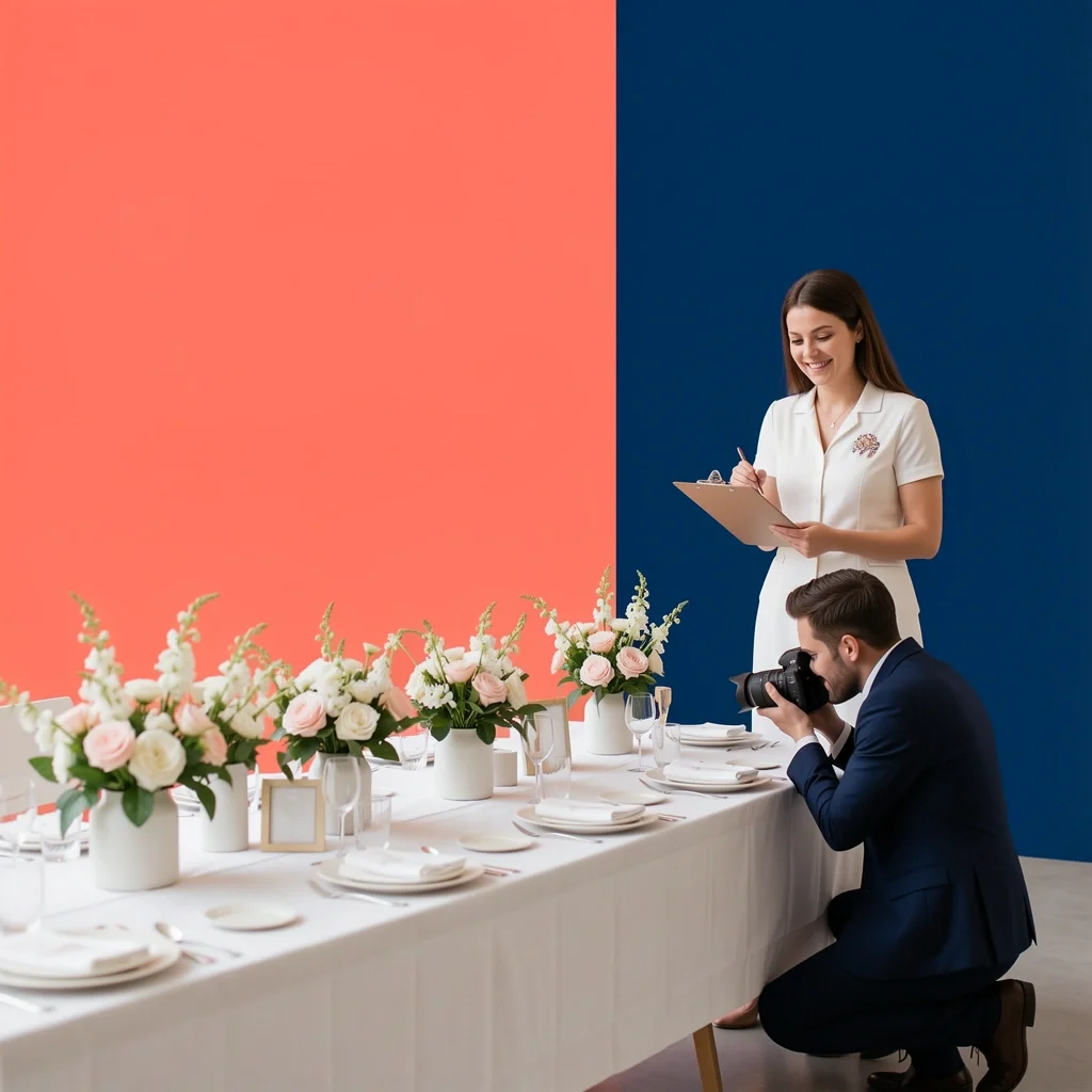 Collaborating with a Photographer for Portfolio Photos A wedding photographer and a wedding planner working together on a styled shoot, arranging table decor.