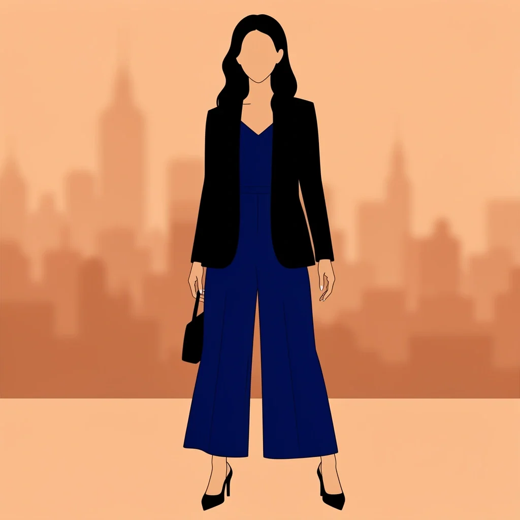 Polished Jumpsuit Courthouse Guest Navy wide-leg jumpsuit with blazer and pointed-toe mules for modern semi-formal courthouse guest