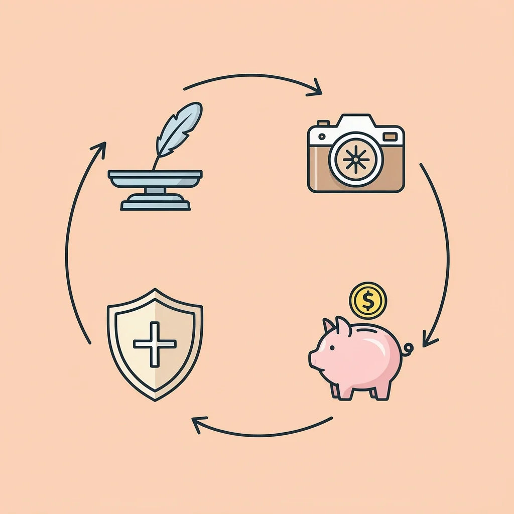 Practical Tips for Bridesmaid Accessories Four icons for bridesmaid accessory tips: comfort scale, camera flash, allergy shield, and budget piggy bank connected by a circular arrow