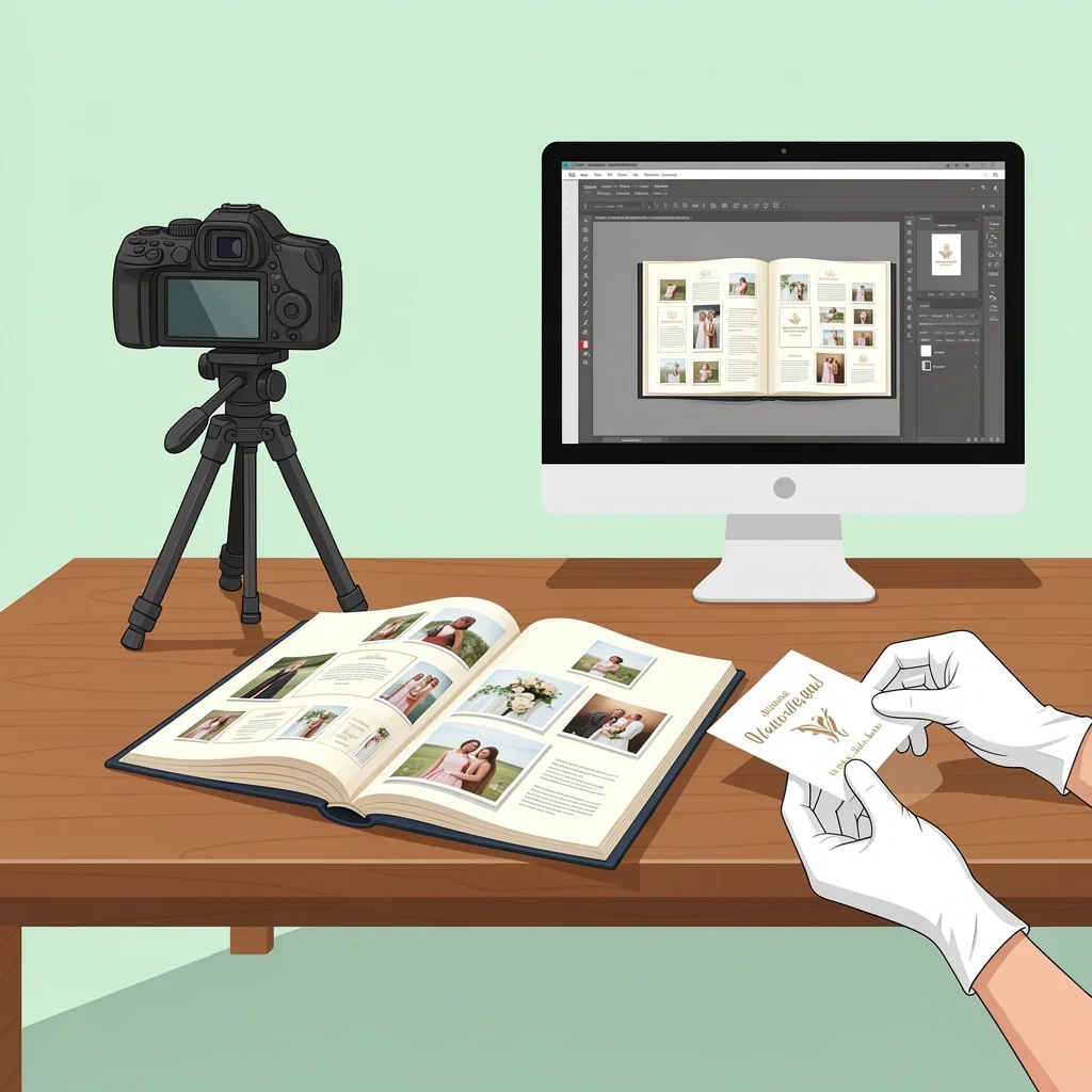 Professional Wedding Card Preservation Professional card preservation service with camera, book, and design interface