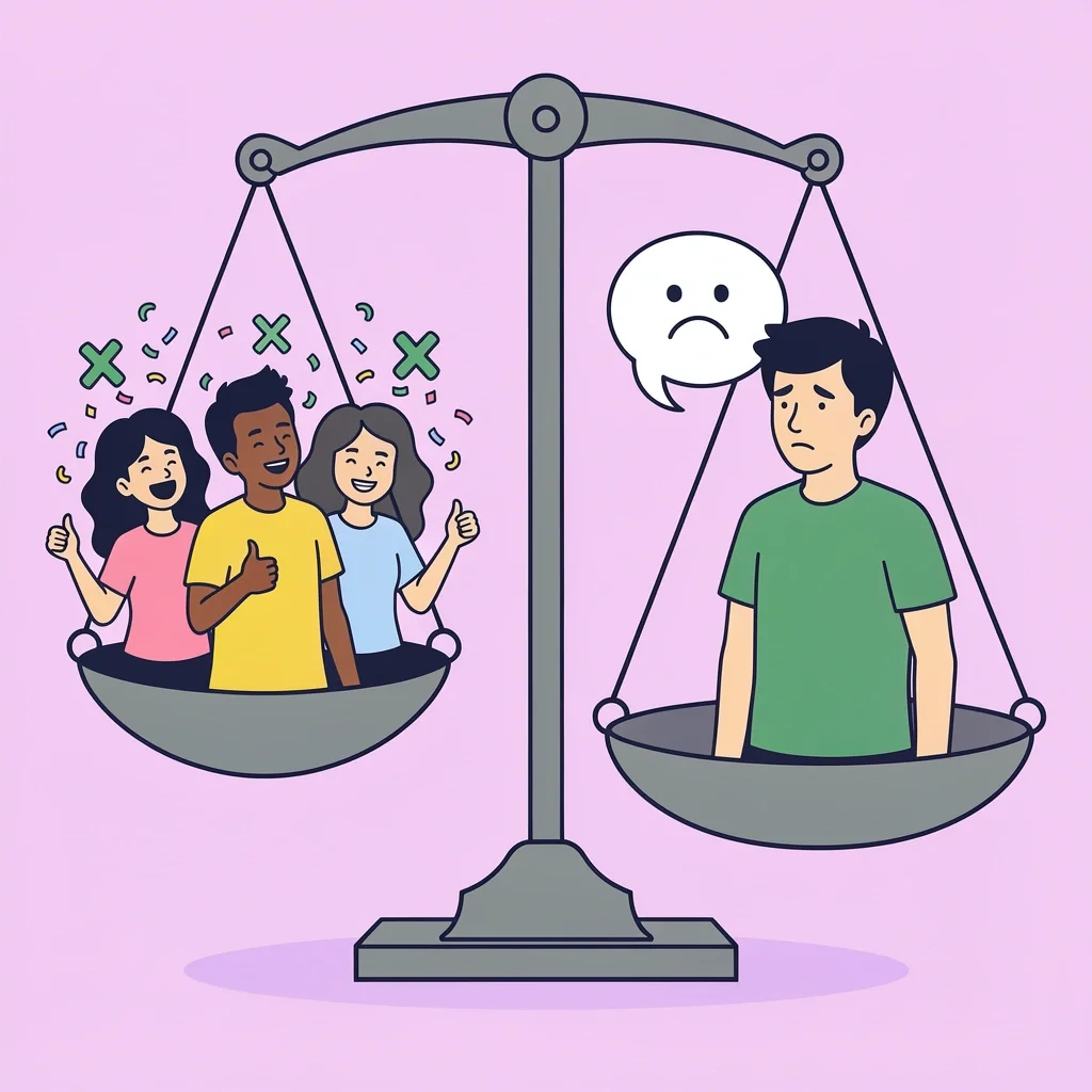 Pros and Cons of Wedding Party Announcement Balance scale comparing pros and cons of announcing wedding party with happy and shy people