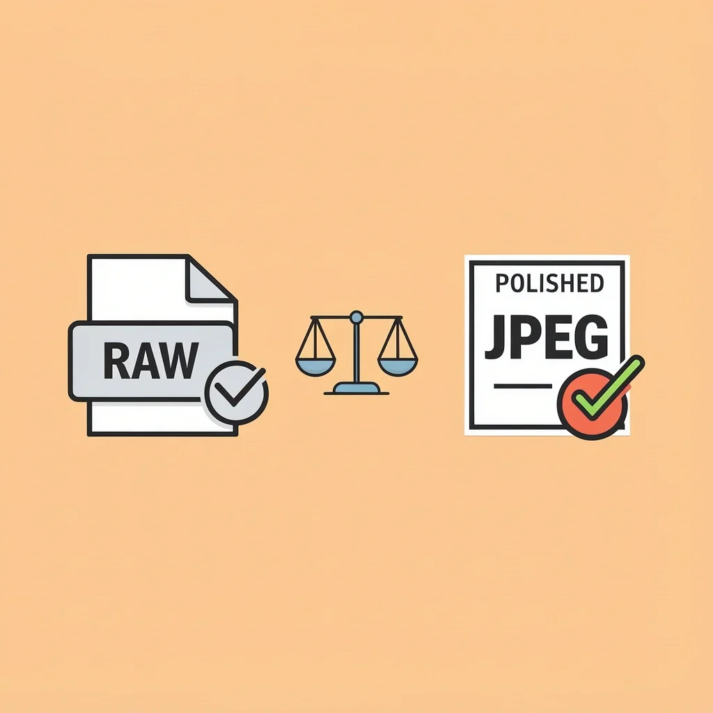 Comparison icon of raw file and edited JPEG with scale symbol